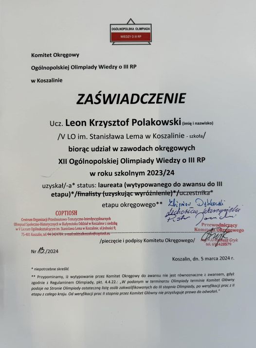 Leon Polakowski laureatem etapu okręgowego Olimpiady Wiedzy o III RP!