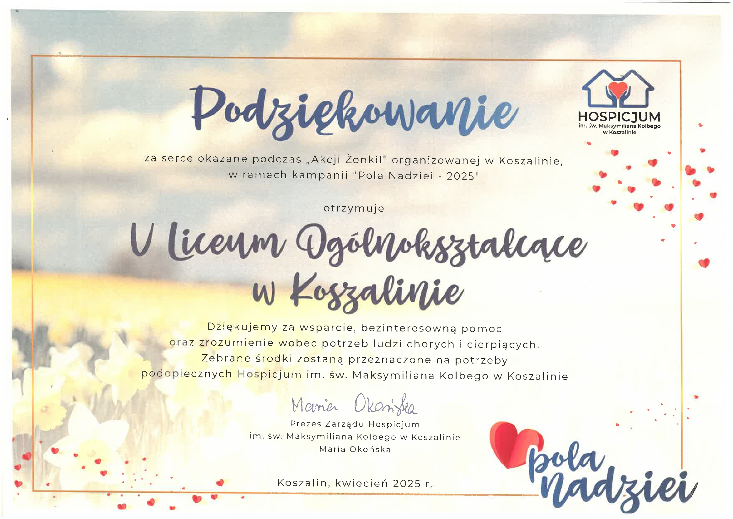 Podziękowania dla V liceum Ogólnokształcącego im. Stanisława Lema w Koszalinie